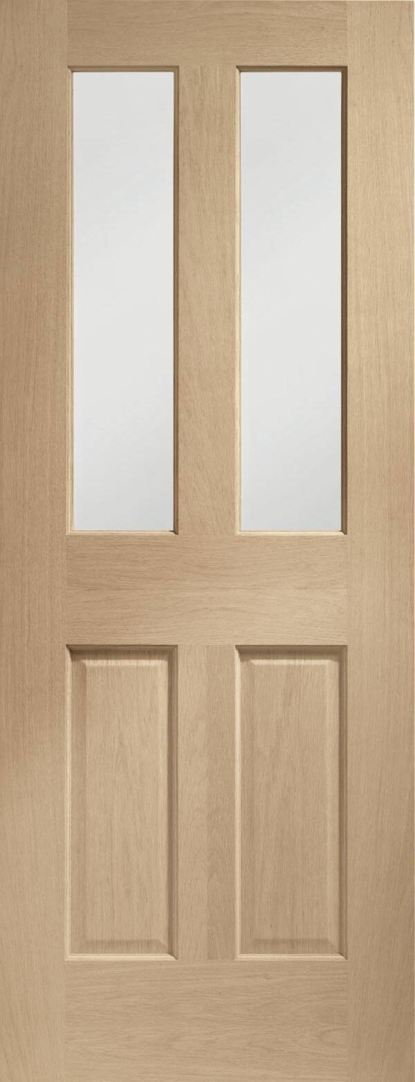 Wooden door with two vertical glass panels and two horizontal panels