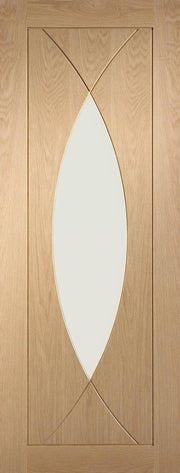 Wooden door with a central oval glass panel