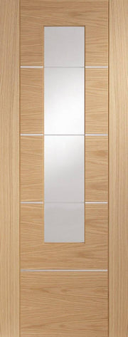 Wooden door with a glass panel and vertical slats