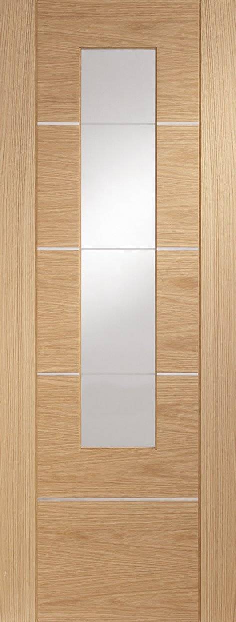 Wooden door with a glass panel and vertical slats