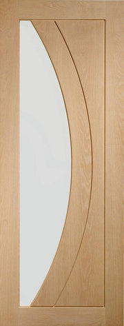 Wooden door with a curved glass panel
