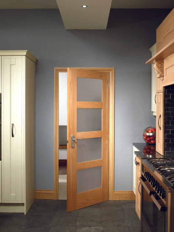 INTERNAL OAK PRE‑FINISHED SHAKER 4 PANEL DOOR WITH OBSCURE GLASS