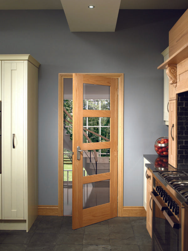Wooden door with glass panels in a kitchen setting