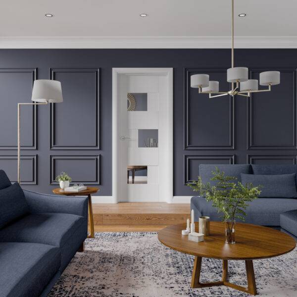 Modern living room with dark blue walls, gray sofas, and a wooden coffee table.