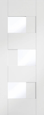 Modern white door with glass panels on a white background