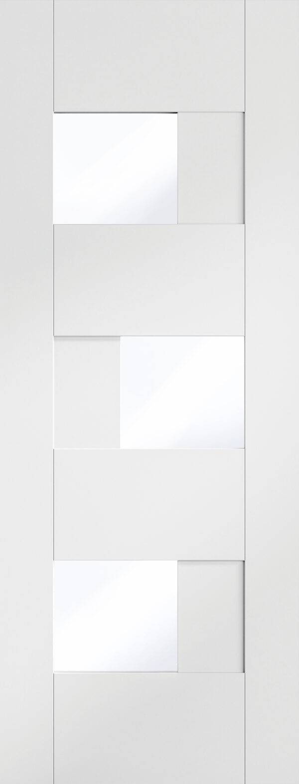 Modern white door with glass panels on a white background