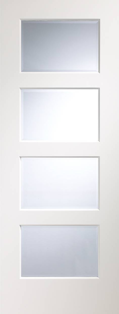 White door with five rectangular glass panels on a white background