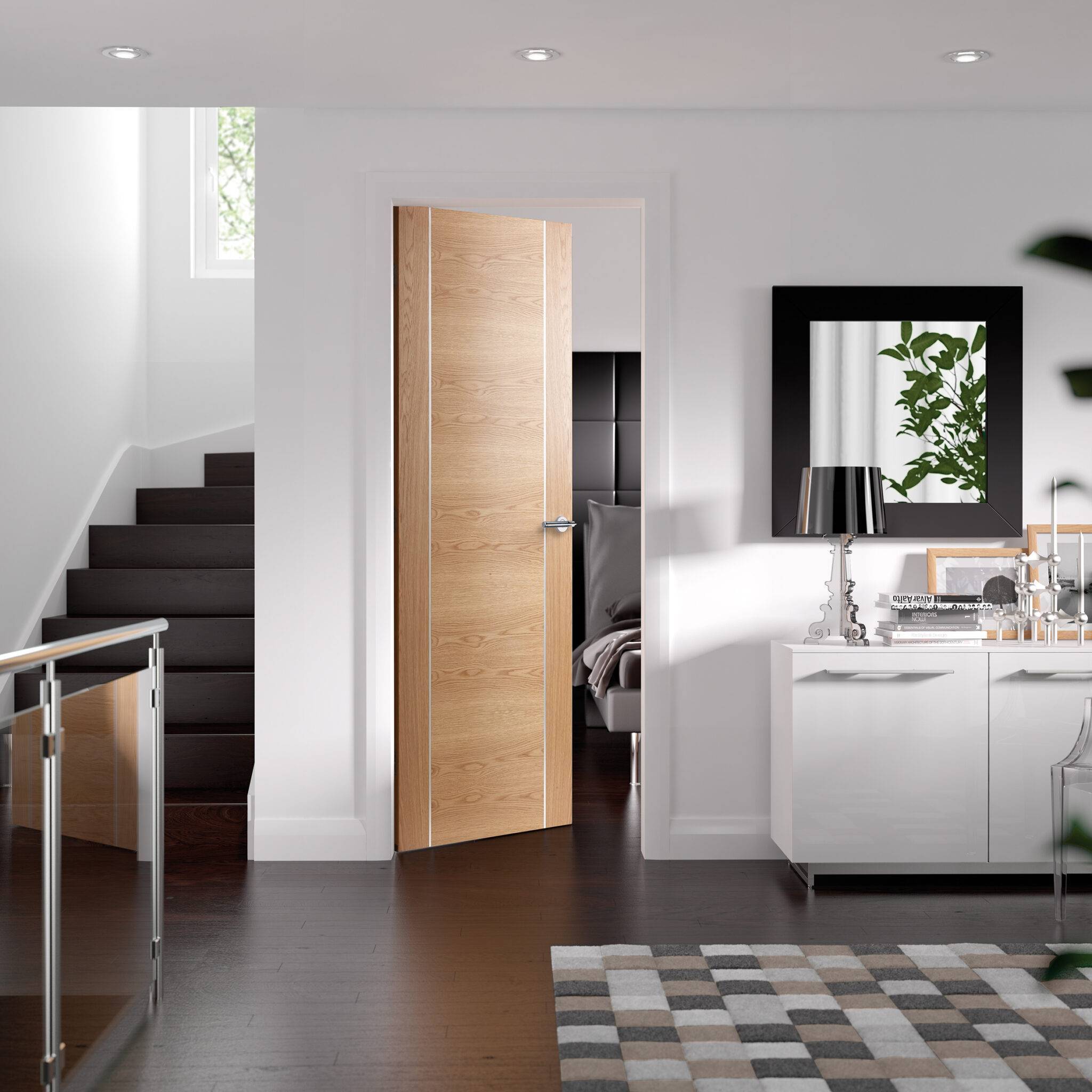 Modern interior design with a wooden door, staircase, and living room.