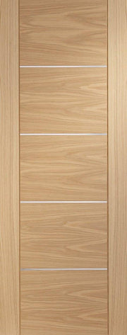 Wooden door with a light brown finish and horizontal slats