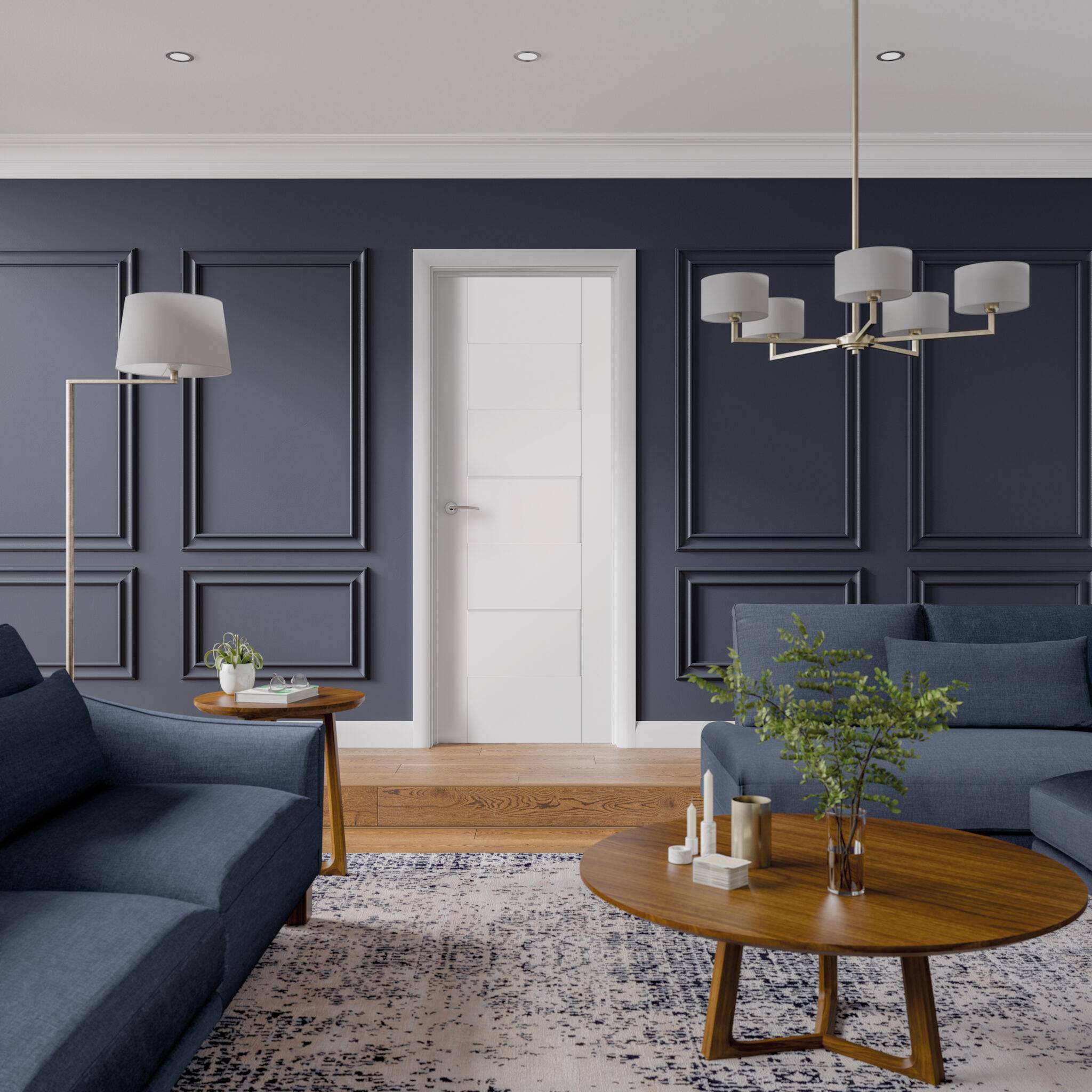 Modern living room with dark blue walls, gray sofas, and a wooden coffee table.