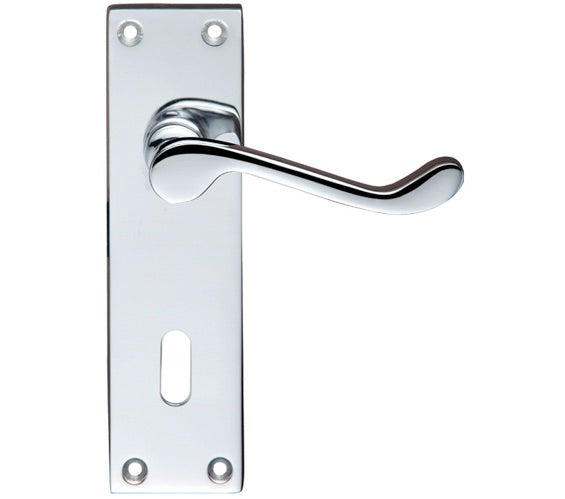 Chrome door handle and plate on a white background