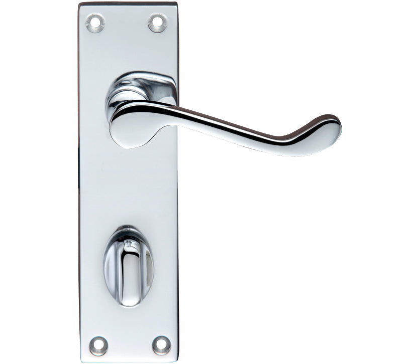 Chrome door handle and plate on a white background
