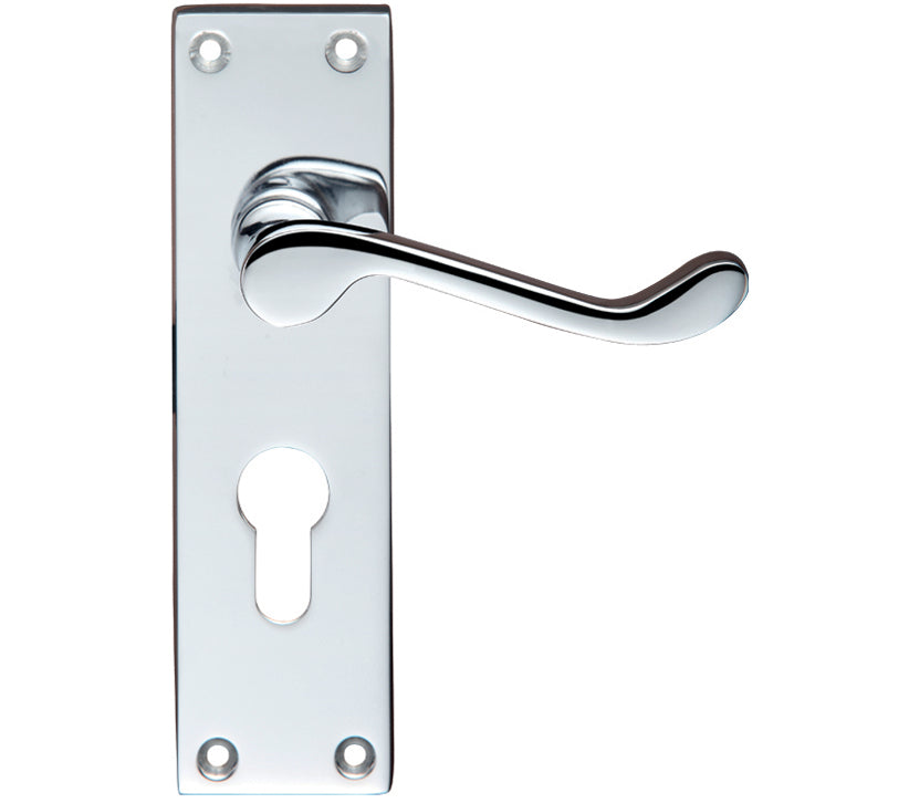 Chrome door handle and plate on a white background