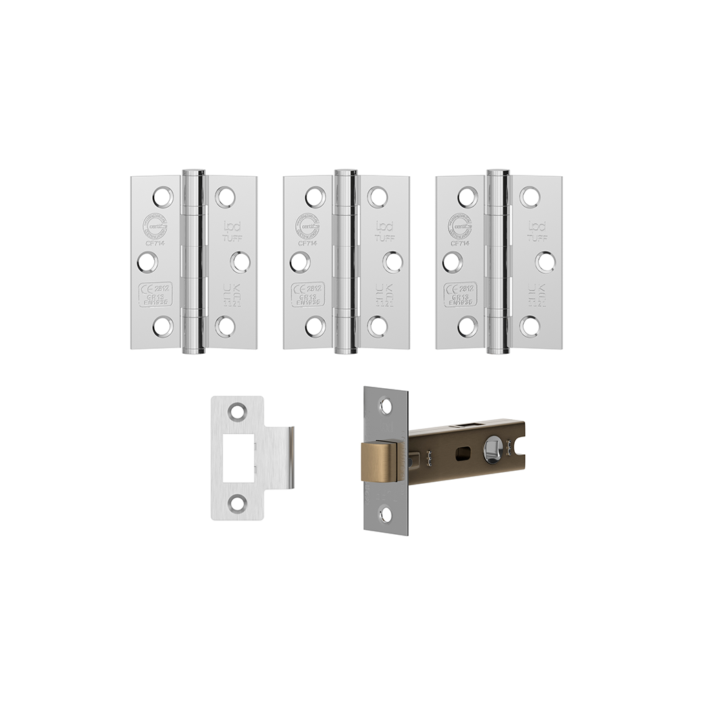 Set of metal hinges and a latch on a white background
