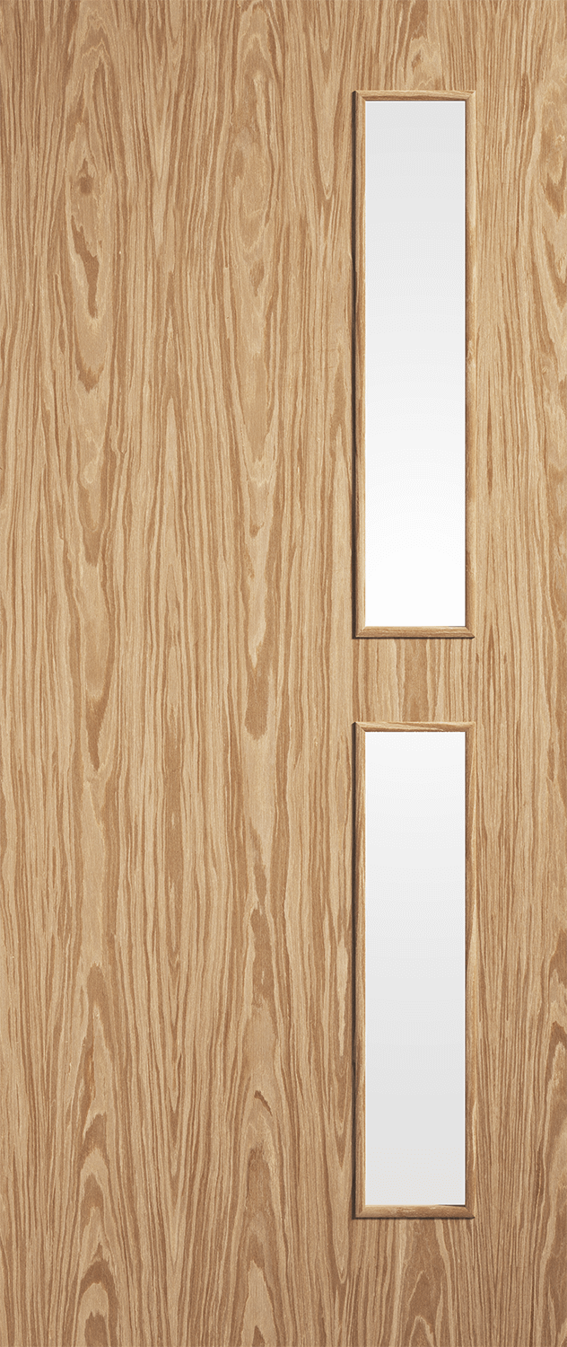 Wooden door with two rectangular glass panels on a wooden background