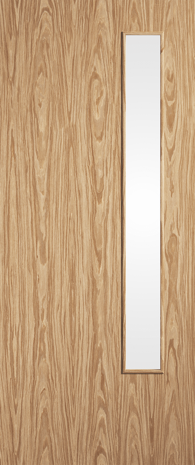 Wooden door with a vertical rectangular glass panel