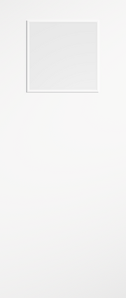 White door with a square glass panel on a white background 