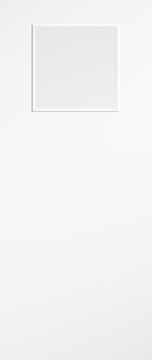 White door with a square glass panel on a white background 