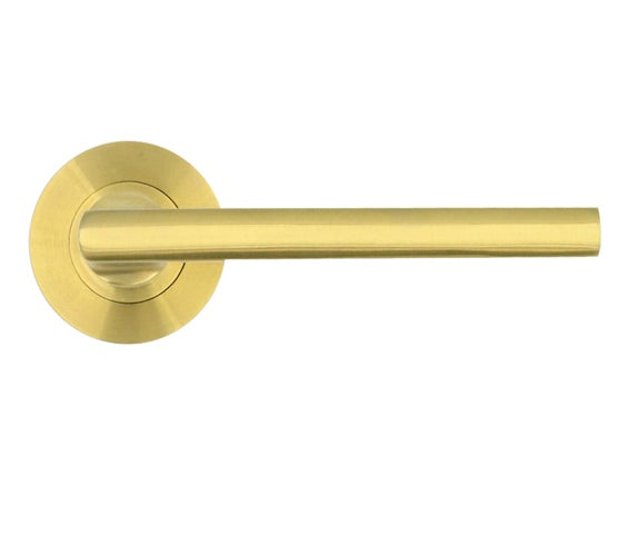 ZOO HARDWARE ROSSO TECNICA VARESE GRADE 304 STAINLESS STEEL LEVER ON ROUND ROSE PVD SATIN BRASS – RT040PVDSB (SOLD IN PAIRS)