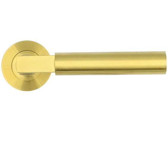 ZOO HARDWARE ROSSO TECNICA GARDA GRADE 304 STAINLESS STEEL LEVER ON ROUND ROSE PVD SATIN BRASS – RT050PVDSB (SOLD IN PAIRS)