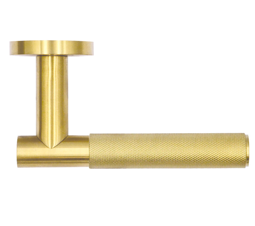 ZOO HARDWARE ROSSO TECNICA ORTA GRADE 304 STAINLESS STEEL KNURLED LEVER ON ROUND ROSE PVD SATIN BRASS – RT060PVDSB (SOLD IN PAIRS)
