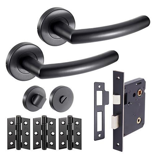 RAVEN BLACK CURVED MATT BLACK LEVER ON ROUND ROSE HANDLE PACK – PRIVACY