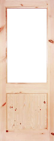 Redwood door with a single square window on a white background