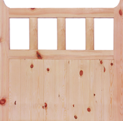 Redwood gate with vertical slats on a white background