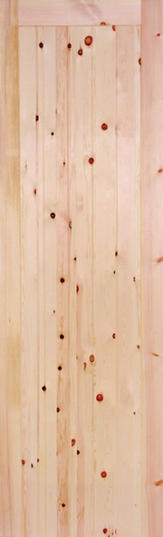Redwood external door with vertical slats on a clean background