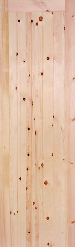 Redwood external door with vertical slats on a clean background