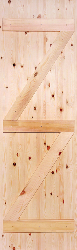 Redwood door with a Z-shaped design on a light wood background