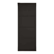 Black solid four panelled wooden door on a white background