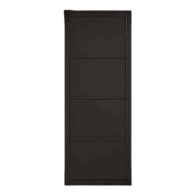 Black solid four panelled wooden door on a white background