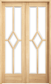 Wooden double door with geometric glass design on a white background