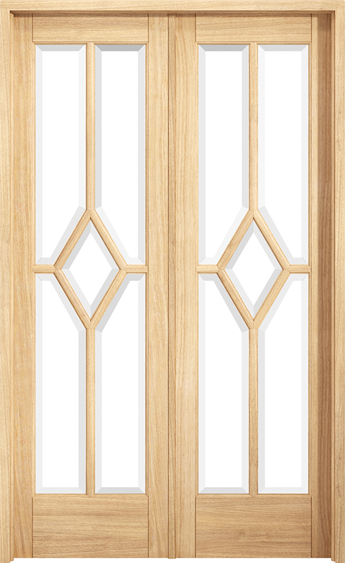 Wooden double door with geometric glass design on a white background