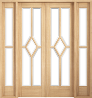 Wooden door with glass panels and geometric designs
