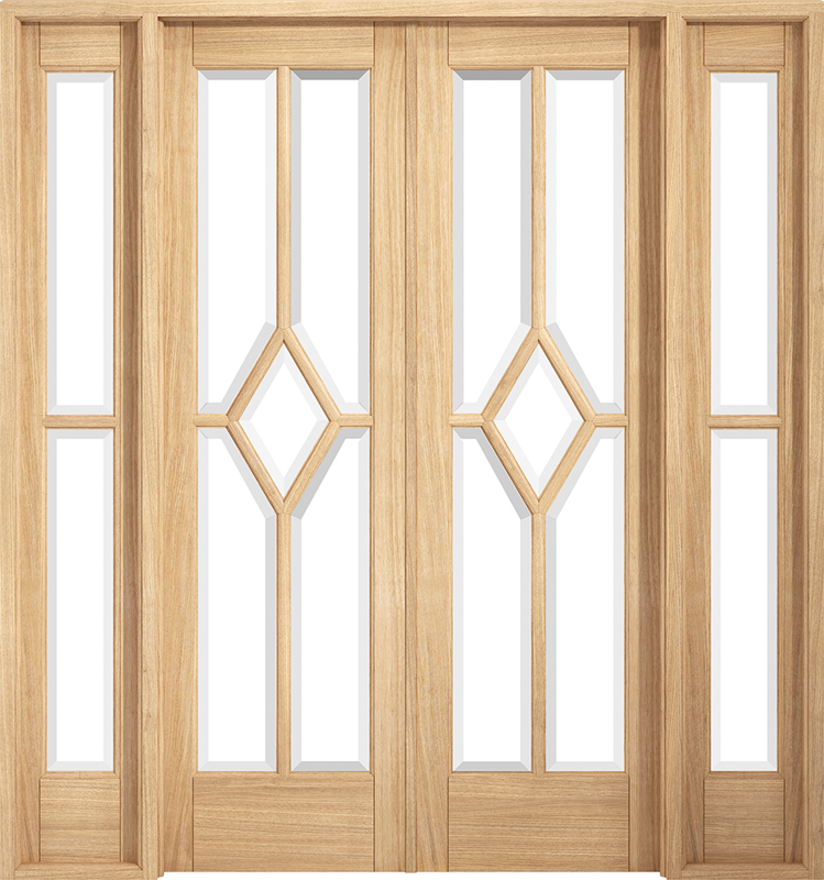 Wooden door with glass panels and geometric designs