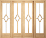 Wooden door with glass panels on a white background