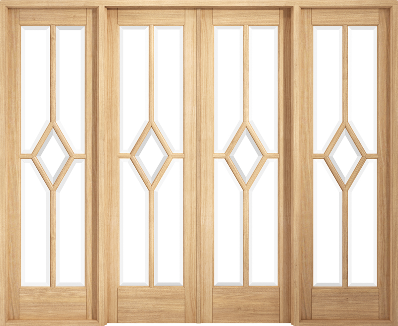 Wooden door with glass panels on a white background
