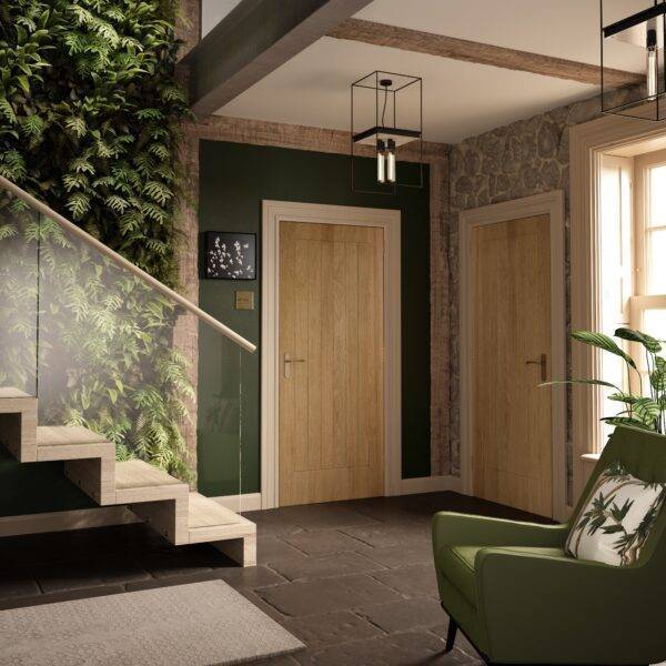 Modern interior with wooden doors, a staircase, and a green armchair.