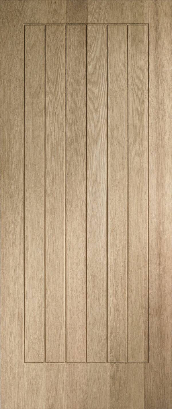 Wooden door with vertical slats on a wooden background
