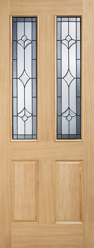 Oak wood door with decorative glass panels