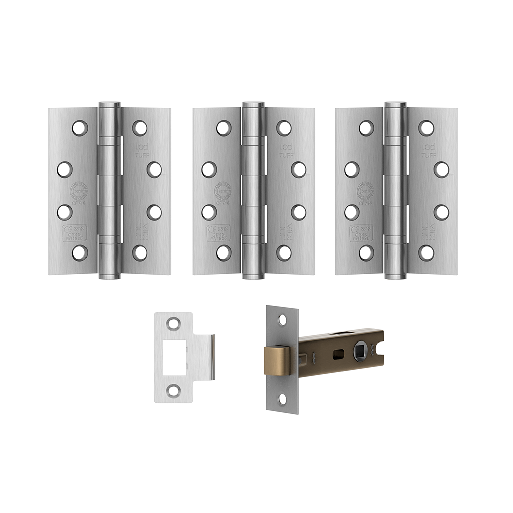 Satin Chrome Tone Internal Fire Door Hinge and Latch Pack