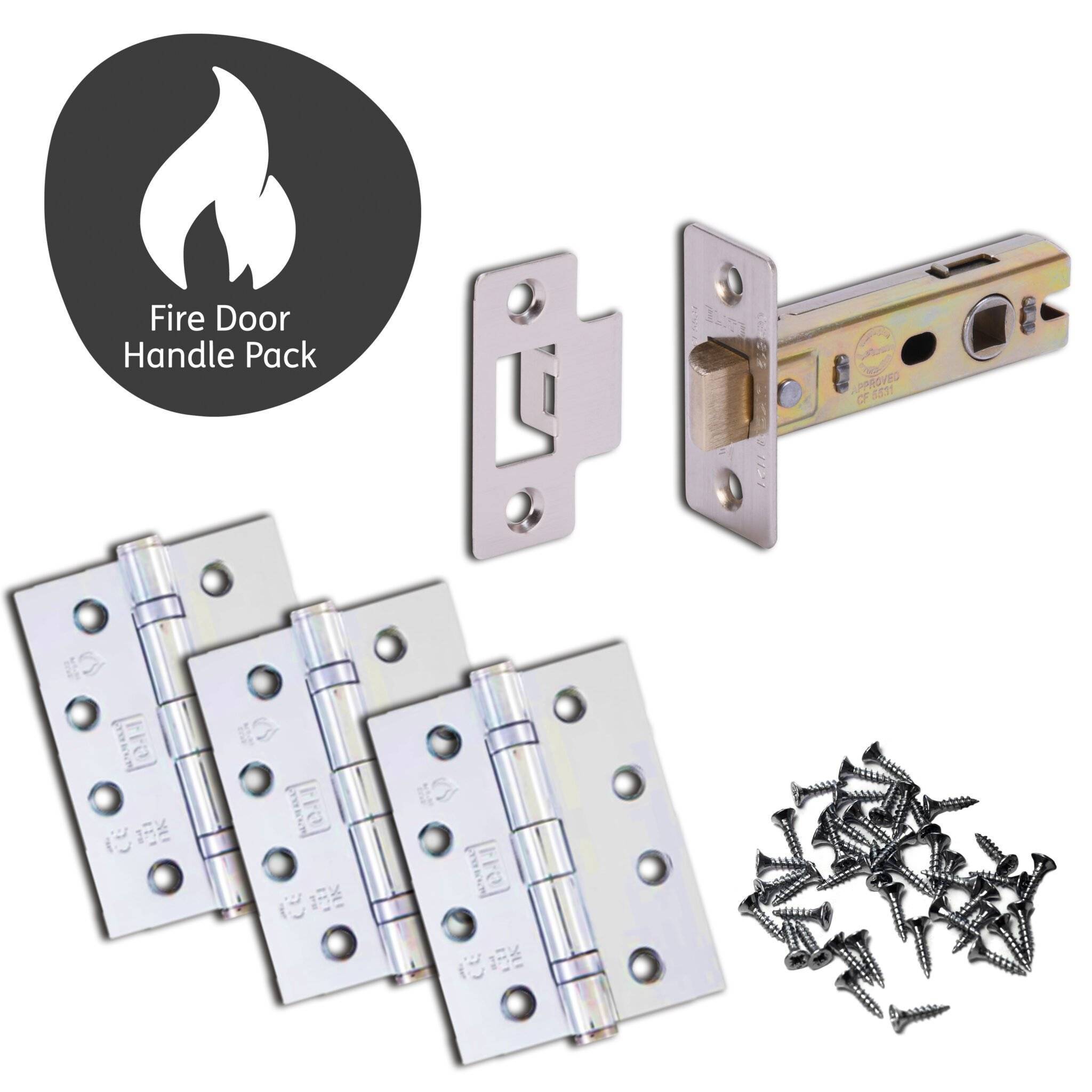 Fire door handle pack with hinges, latch, and screws on a white background