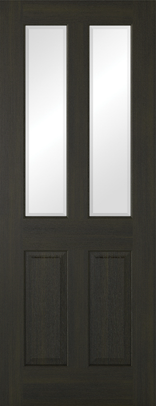 Dark wooden door with two vertical glass panels
