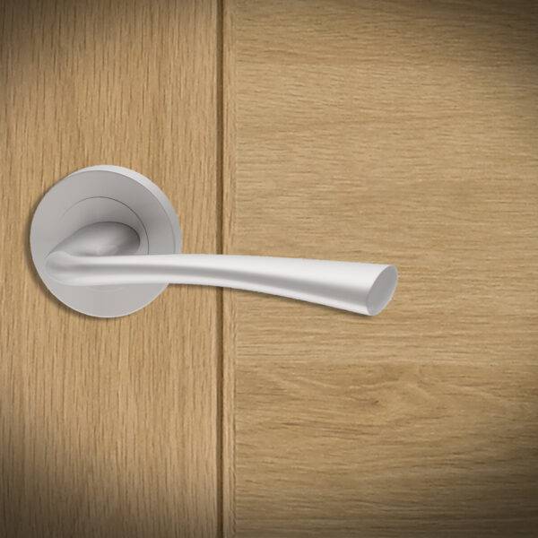 Silver door handle on a wooden door