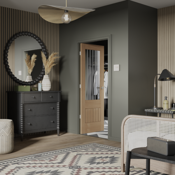 Modern interior design of a room with a dresser, mirror, and open door.