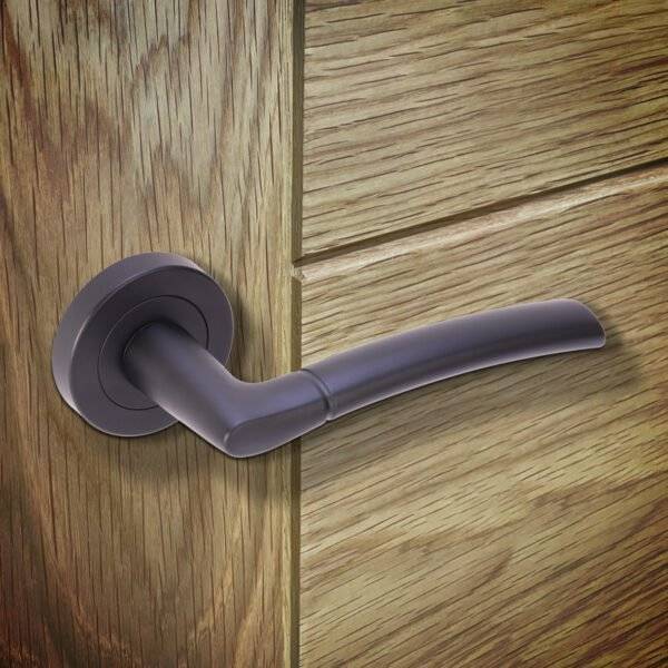Gray door handle on a wooden door
