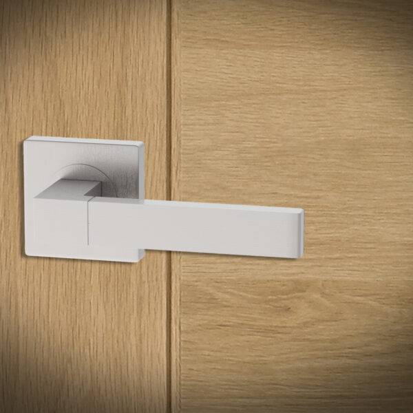 Modern door handle on a wooden door