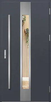 Modern gray door with a vertical window and metallic handle